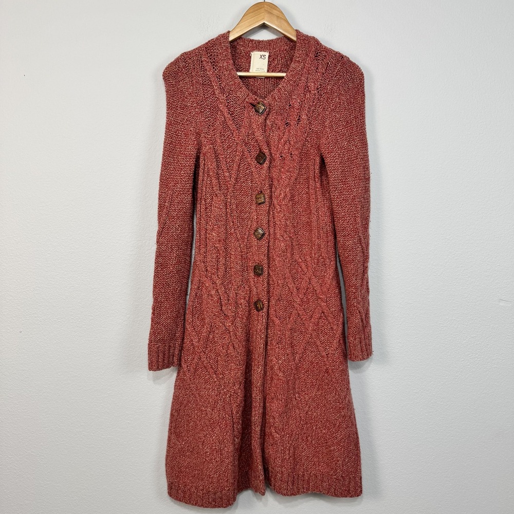 Far Away From Close Sweater‎ Women's XS Red Wool Cable Knit Duster Sweatercoat